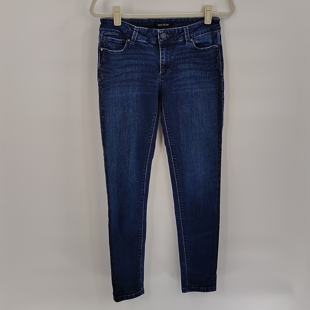 White House Black Market stretch denim skinny leg 4R rhinestone side mid rise